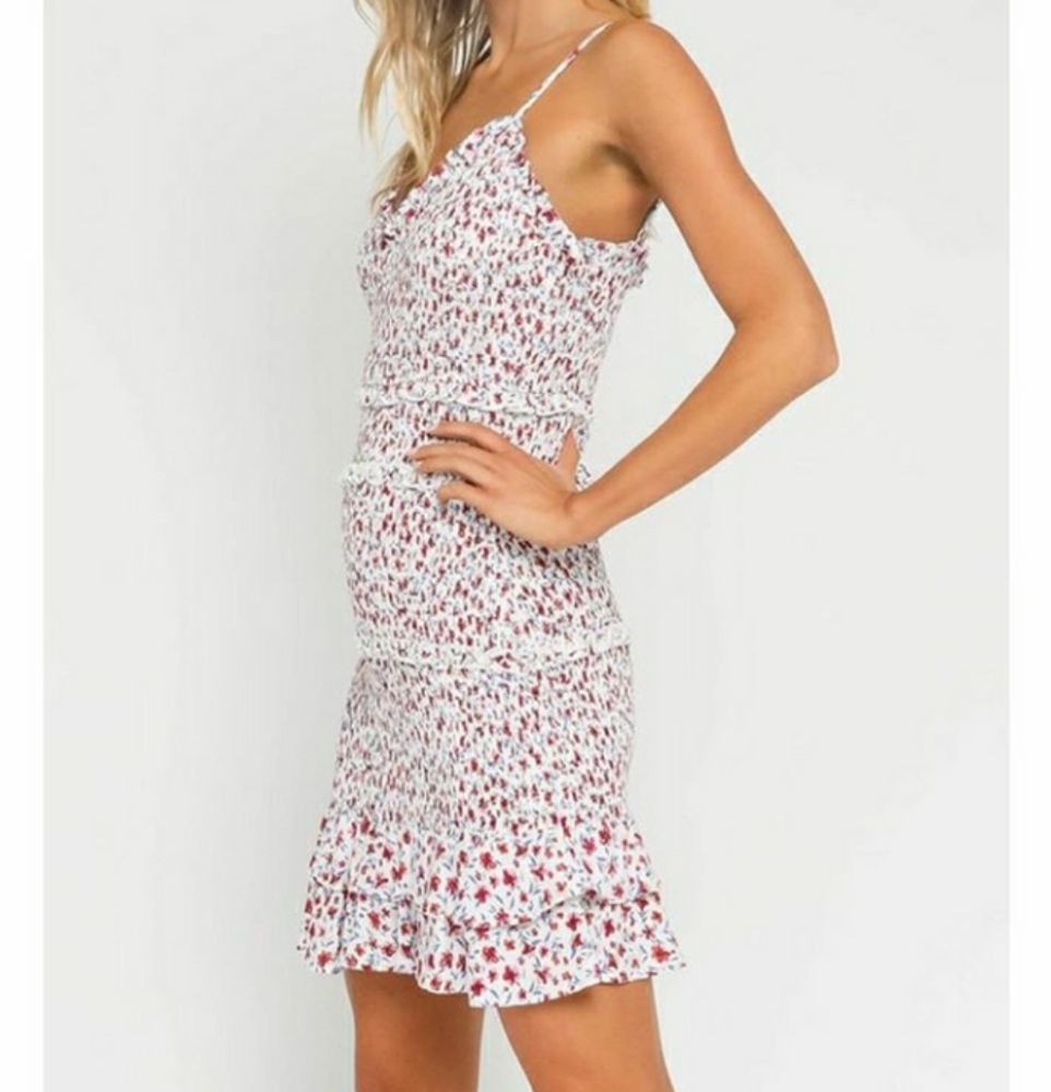 Olivaceous Floral Smocked Ruffled Mini dress Large